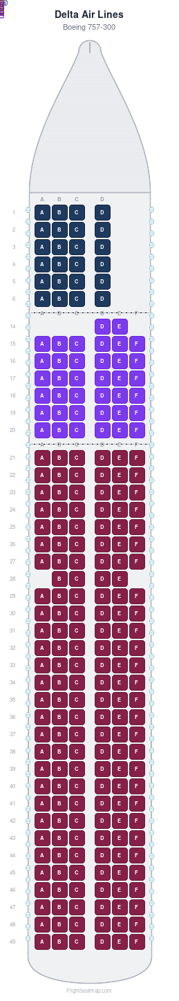 Delta Air Lines Boeing 757-300 seat map layout for flight DL2587 from DTW to DTW