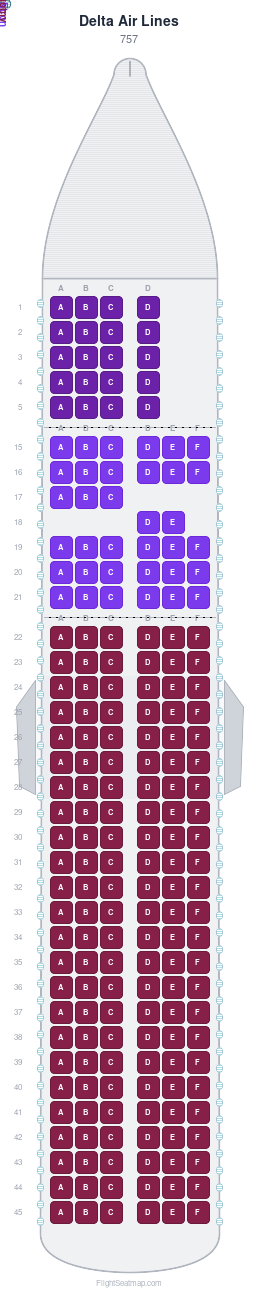 Delta Air Lines 757 seat map layout for flight DL983 from BOG to ATL