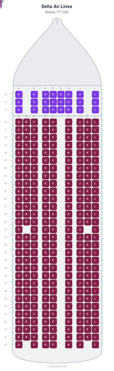 Delta Air Lines Boeing 777-200 seat map layout for flight DL8668 from CDG to RDU
