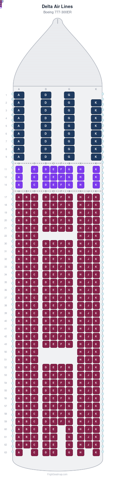Delta Air Lines Boeing 777-300ER seat map layout for flight DL9374 from AMS to ATL