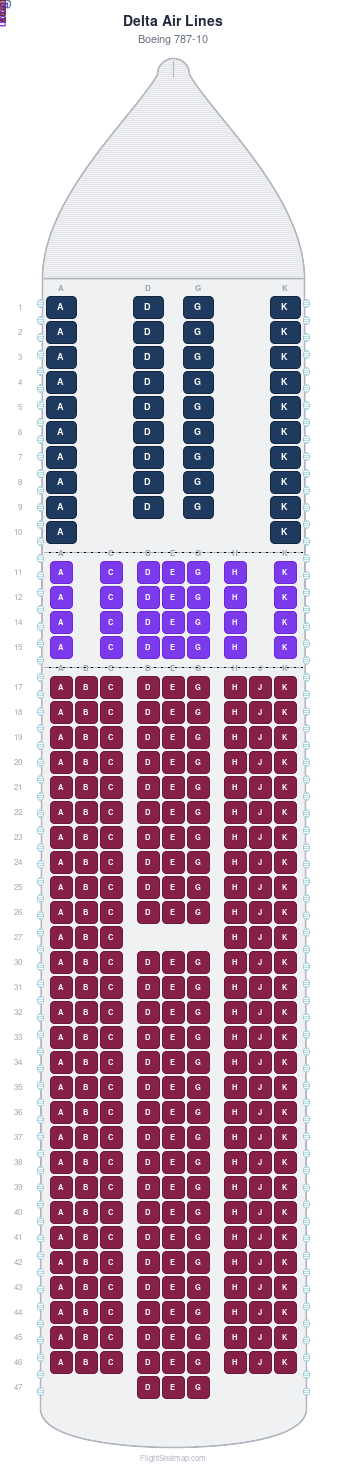 Delta Air Lines Boeing 787-10 seat map layout showing 3-class configuration with 318 seats