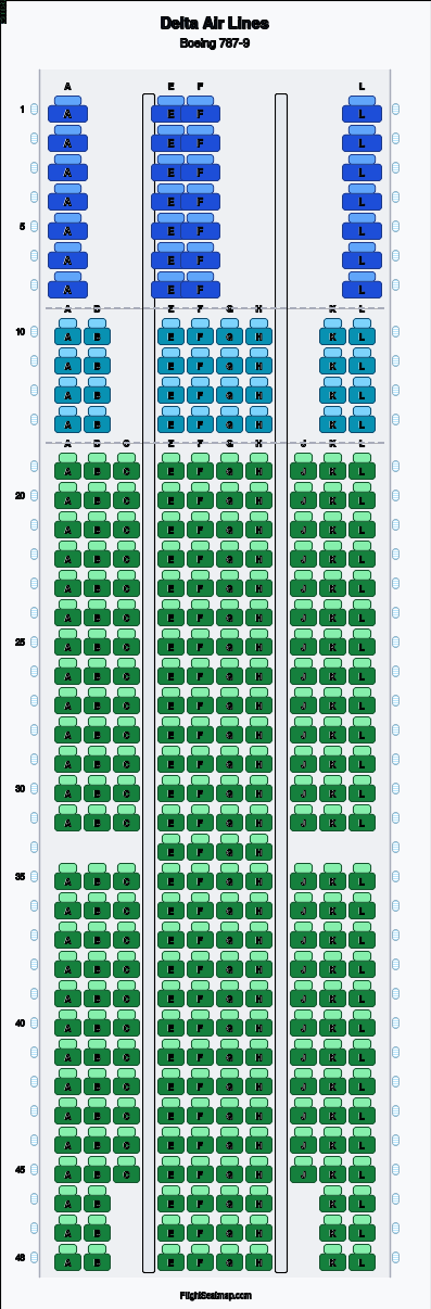 Delta Air Lines Boeing 787-9 seat map layout for flight DL5991 from LHR to JFK