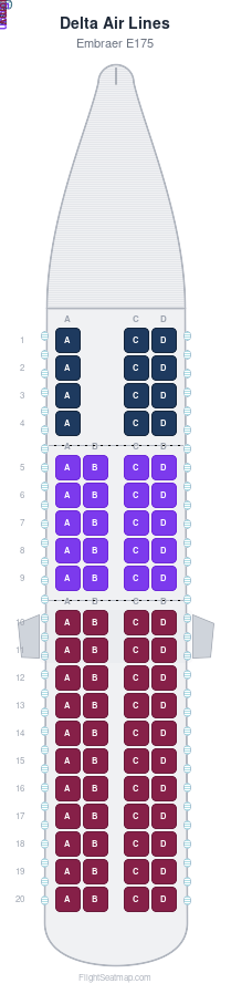 Delta Air Lines Embraer E175 seat map layout for flight DL5614 from BOS to MKE