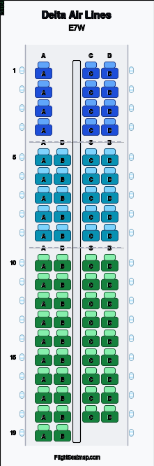 Delta Air Lines E7W seat map layout showing 3-class configuration with 70 seats