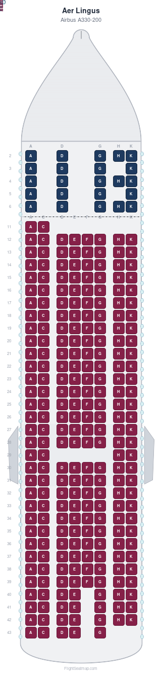 Aer Lingus Airbus A330-200 seat map layout showing 2-class configuration with 271 seats