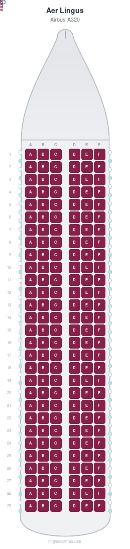 Aer Lingus Airbus A320 seat map layout for flight EI693 from DUS to DUB