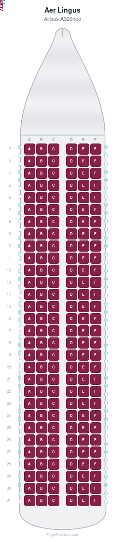 Aer Lingus Airbus A320neo seat map layout showing 1-class configuration with 180 seats
