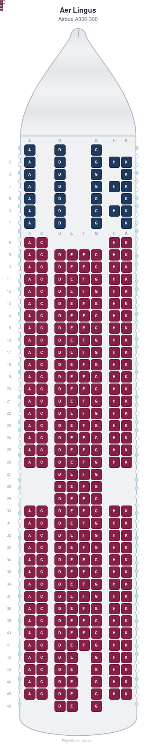 Aer Lingus Airbus A330-300 seat map layout for flight EI51 from DUB to LAS