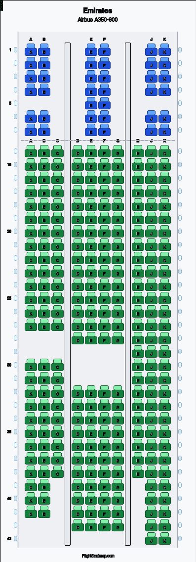 Emirates Airbus A350-900 seat map layout for flight EK24 from EDI to DXB