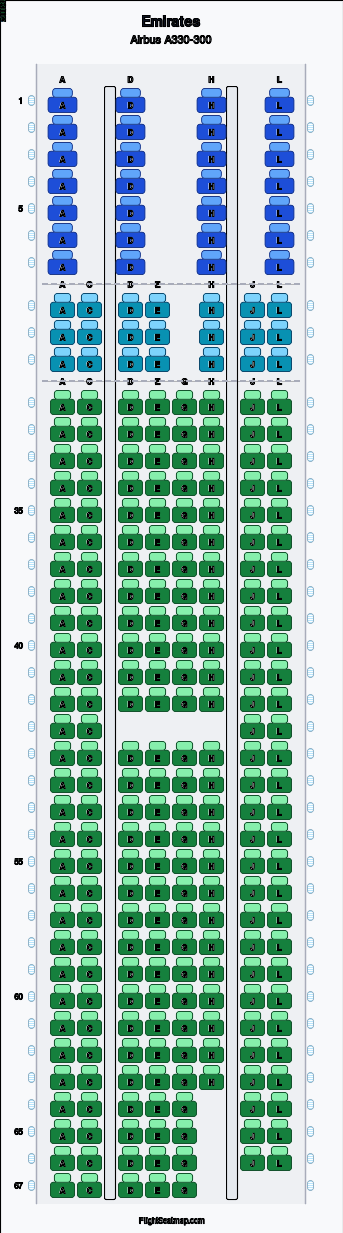 Emirates Airbus A330-300 seat map layout showing 3-class configuration with 279 seats