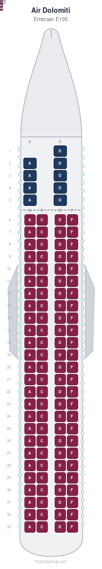 Air Dolomiti Embraer E195 seat map layout showing 2-class configuration with 113 seats