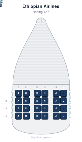 Ethiopian Airlines Boeing 787 seat map layout showing 1-class configuration with 24 seats