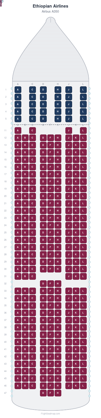 Ethiopian Airlines Airbus A350 seat map layout showing 2-class configuration with 343 seats