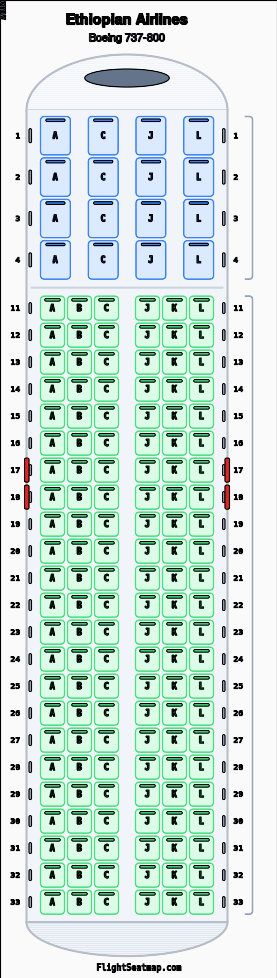 Ethiopian Airlines Boeing 737-800 seat map layout showing 2-class configuration with 154 seats