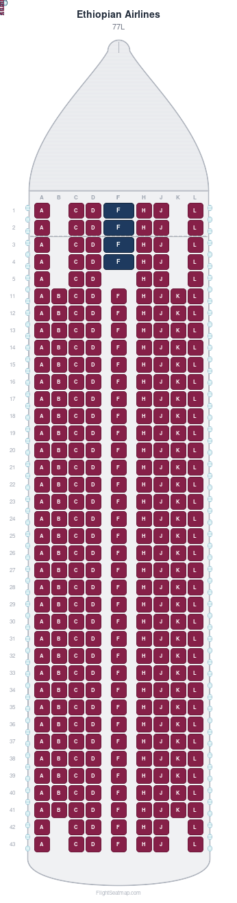 Ethiopian Airlines 77L seat map layout showing 2-class configuration with 327 seats