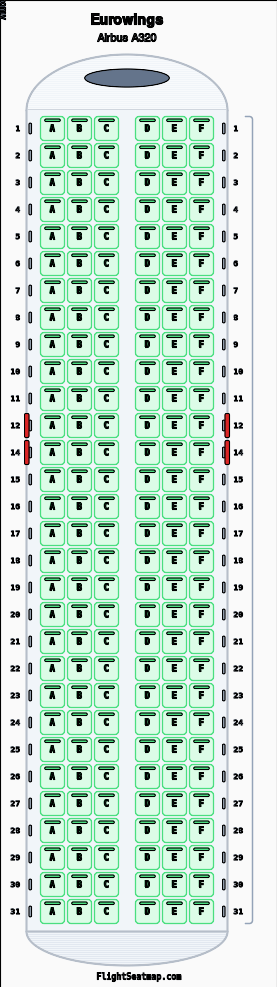 Eurowings Airbus A320 seat map layout showing 1-class configuration with 180 seats