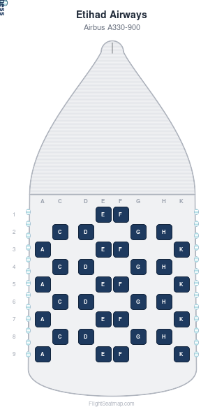 Etihad Airways Airbus A330-900 seat map layout showing 1-class configuration with 34 seats