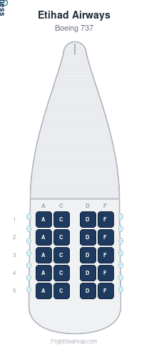 Etihad Airways Boeing 737 seat map layout showing 1-class configuration with 20 seats