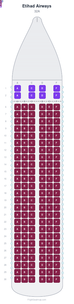 Etihad Airways 32A seat map layout for flight EY263 from TRV to AUH