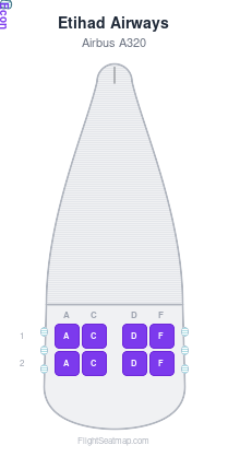 Etihad Airways Airbus A320 seat map layout showing 1-class configuration with 8 seats