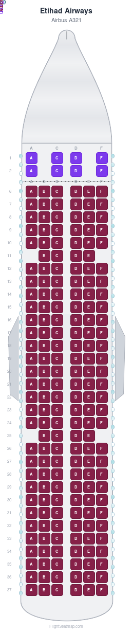 Etihad Airways Airbus A321 seat map layout for flight EY362 from AUH to CCJ