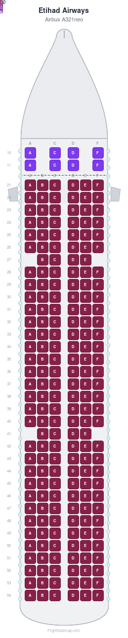 Etihad Airways Airbus A321neo seat map layout for flight EY334 from AUH to COK