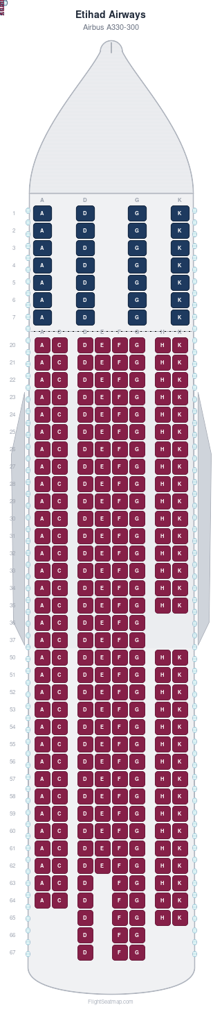 Etihad Airways Airbus A330-300 seat map layout showing 2-class configuration with 297 seats