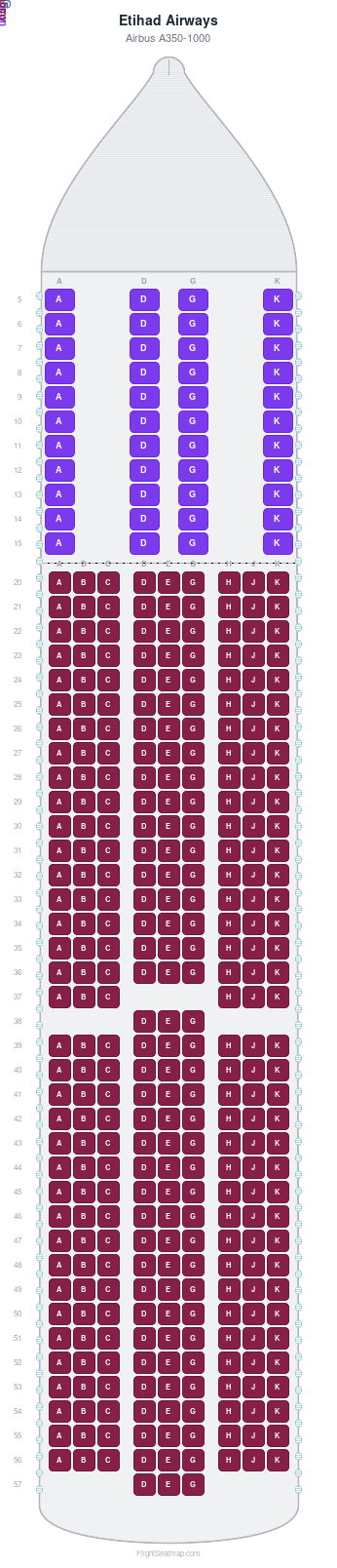 Etihad Airways Airbus A350-1000 seat map layout for flight EY801 from NRT to AUH