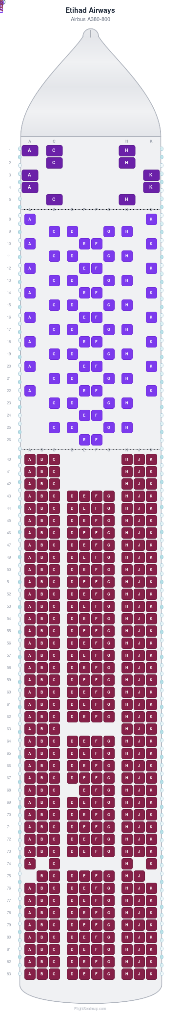 Etihad Airways Airbus A380-800 seat map layout for flight EY67 from AUH to LHR