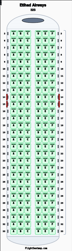Etihad Airways 32S seat map layout showing 1-class configuration with 174 seats