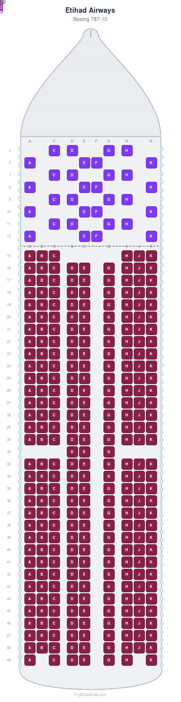 Etihad Airways Boeing 787-10 seat map layout for flight EY100 from LIS to AUH
