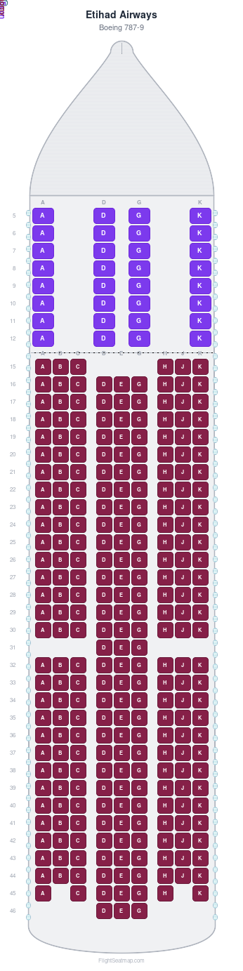 Etihad Airways Boeing 787-9 seat map layout for flight EY822 from AUH to ICN