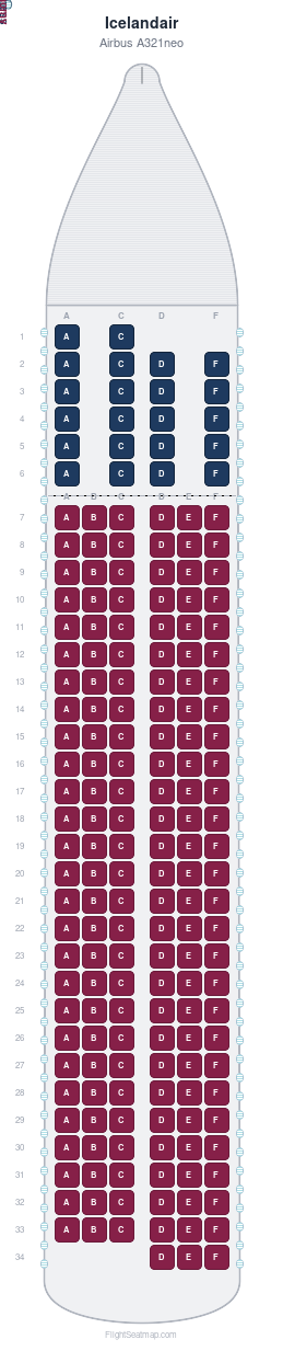 Icelandair Airbus A321neo seat map layout showing 2-class configuration with 187 seats