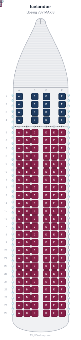 Icelandair Boeing 737 MAX 8 seat map layout for flight FI582 from KEF to TFS