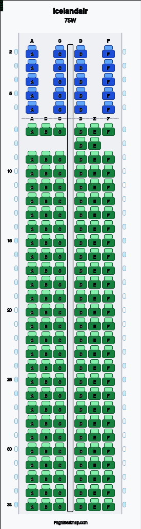 Icelandair 75W seat map layout showing 2-class configuration with 184 seats
