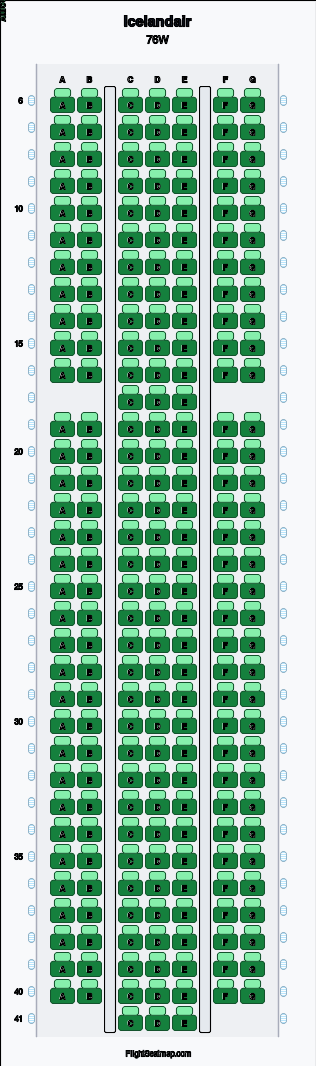 Icelandair 76W seat map layout showing 1-class configuration with 237 seats
