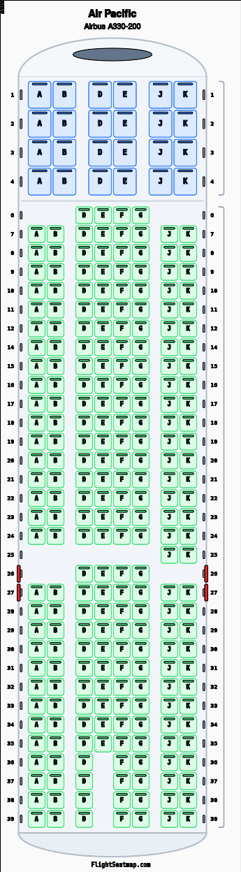Air Pacific Airbus A330-200 seat map layout for flight FJ881 from YVR to NAN