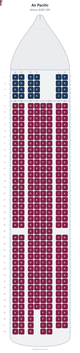 Air Pacific Airbus A330-300 seat map layout showing 2-class configuration with 310 seats