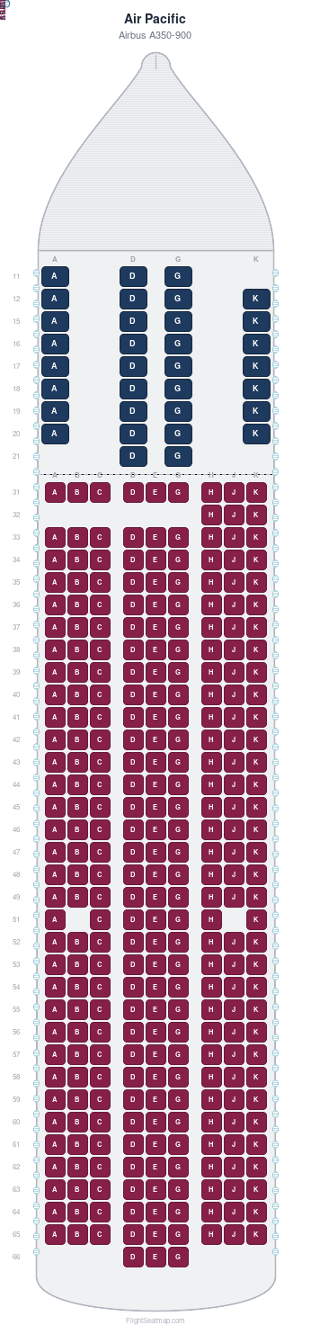 Air Pacific Airbus A350-900 seat map layout for flight FJ810 from NAN to LAX