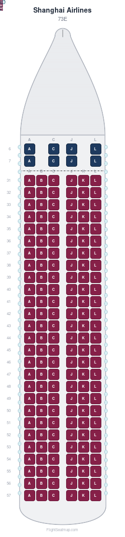 Shanghai Airlines 73E seat map layout showing 2-class configuration with 170 seats