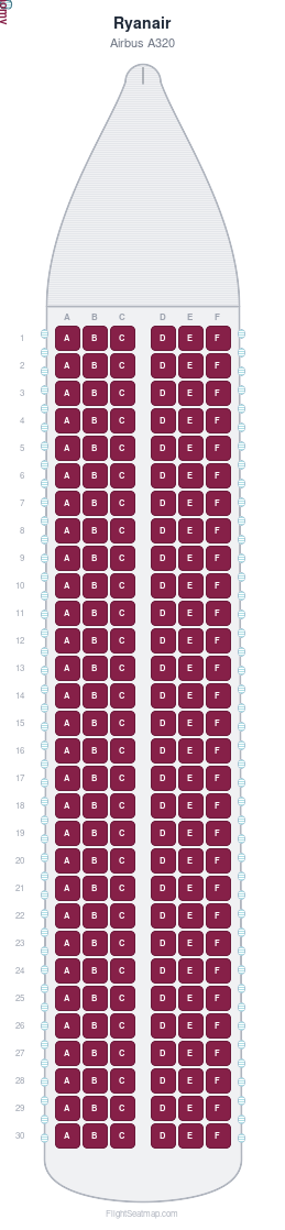 Ryanair Airbus A320 seat map layout showing 1-class configuration with 180 seats