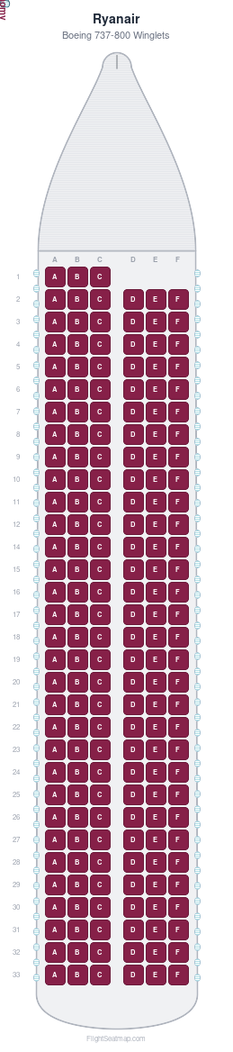 Ryanair Boeing 737-800 Winglets seat map layout for flight FR206 from BER to BUD
