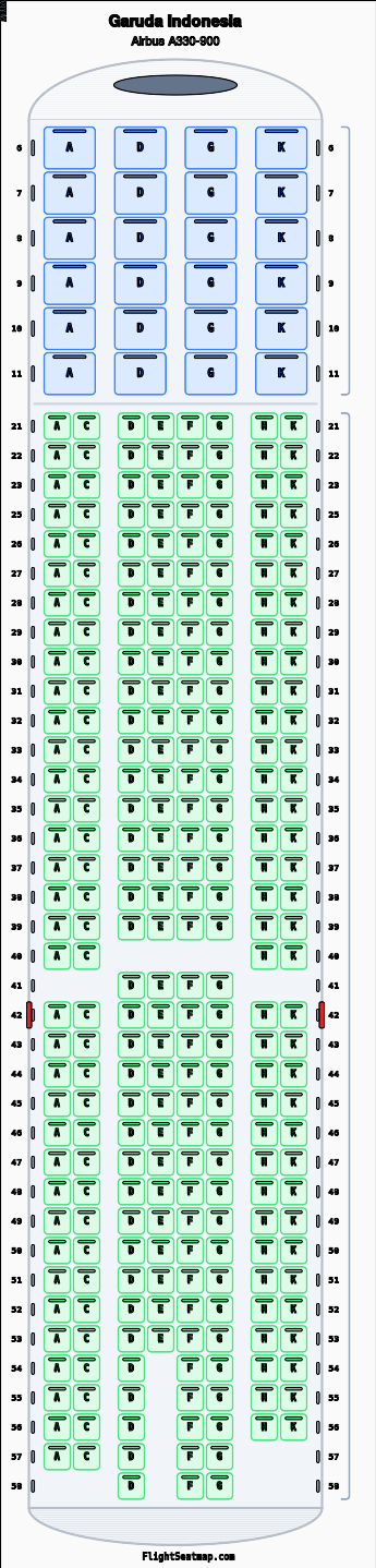 Garuda Indonesia Airbus A330-900 seat map layout for flight GA875 from HND to CGK