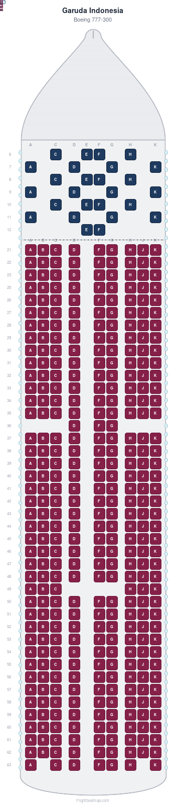 Garuda Indonesia Boeing 777-300 seat map layout showing 2-class configuration with 393 seats