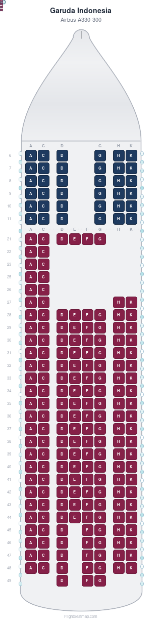 Garuda Indonesia Airbus A330-300 seat map layout for flight GA719 from MEL to DPS
