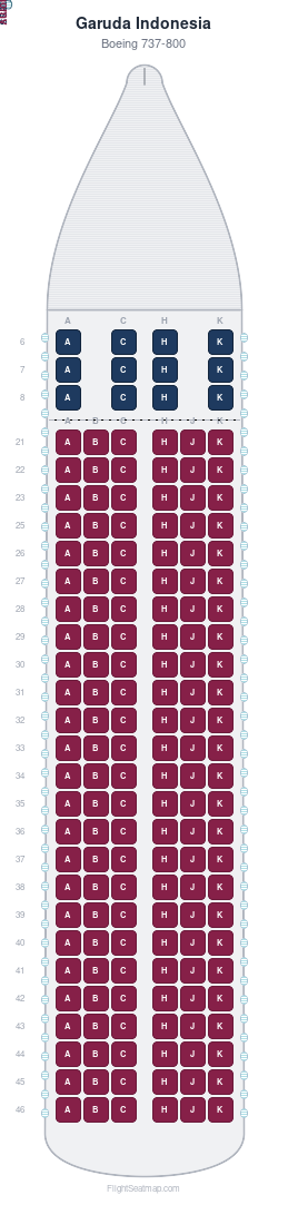 Garuda Indonesia Boeing 737-800 seat map layout for flight GA417 from DPS to CGK