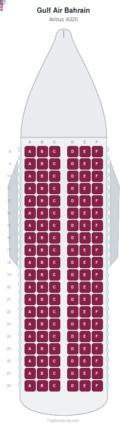 Gulf Air Bahrain Airbus A320 seat map layout showing 1-class configuration with 120 seats