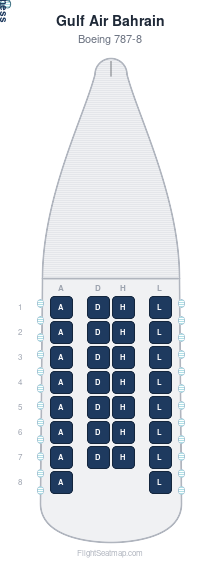 Gulf Air Bahrain Boeing 787-8 seat map layout showing 1-class configuration with 30 seats