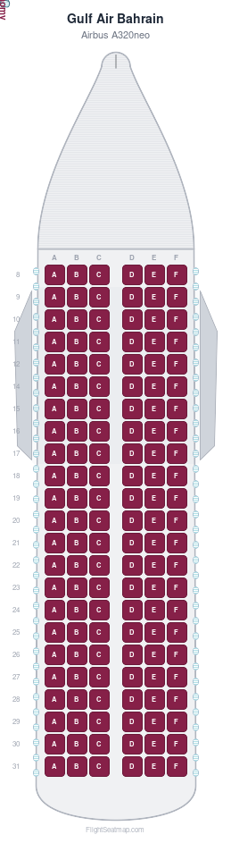 Gulf Air Bahrain Airbus A320neo seat map layout showing 1-class configuration with 138 seats