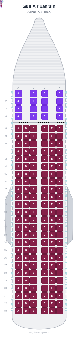 Gulf Air Bahrain Airbus A321neo seat map layout showing 2-class configuration with 166 seats